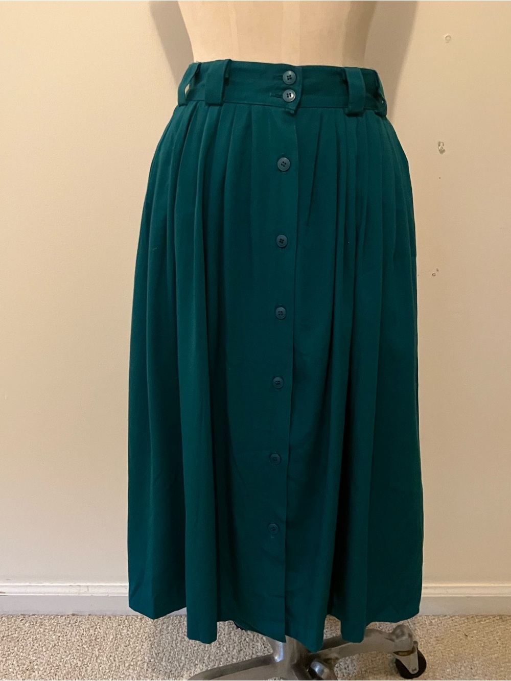 VTG Women’s Pleated Full Midi Skirt 8P Teal Green Button Front Rayon A-Line